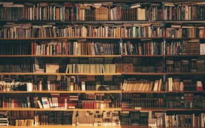 Library interior with tall bookshelves